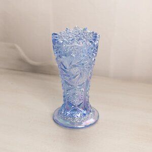 Vintage LE Smith Blue Iridescent Vase with Sawtooth Edge
